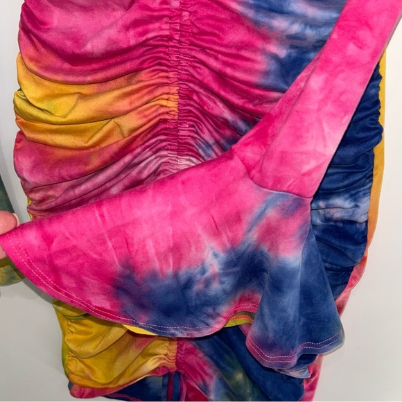 NWT Tie Dye Ruched Off Shoulder Bell Sleeve Bodycon Mini Dress S Festival - Picture 7 of 10